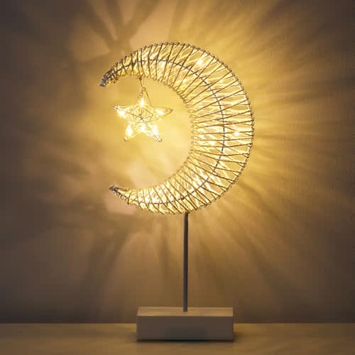 Lewondr Decorative Table Lamp, Christmas Moon Star Ramadan Desk Lamp Battery Powered Warm LED Crescent Light for Xmas Home Bedroom Bedside Desktop Nightstand Decoration, White