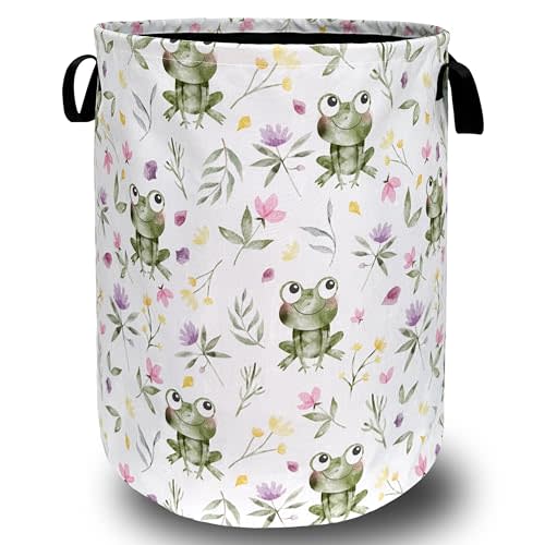 Cute Frog Laundry Hamper Foldable With Handles Kawaii Frogs Tote Bag Universal Oxford Cloth Funny Laundry Basket Clothes Toy Storage Bucket 18.9" x 16.5" For Bathroom/Laundry/Bedroom