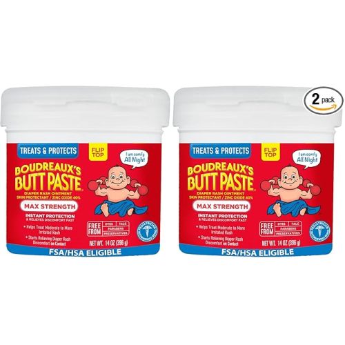 Boudreaux’s Butt Paste Max Strength Diaper Rash Cream for Baby, Ointment With Zinc Oxide, 14 oz Flip-Top Jar (Pack of 2)