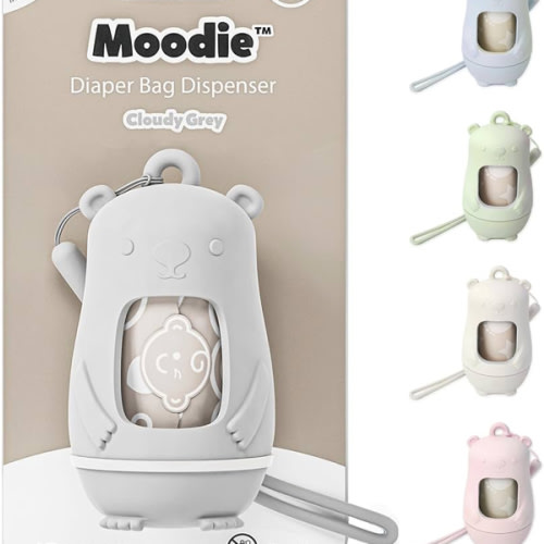 Teddy Bear Diaper Bag Dispenser | Trash Bags on the Go w/Silicone Strap | 15 Unscented Baby Poop Bags per Roll | Disposable Diaper Waste Bags (Cloudy Grey)