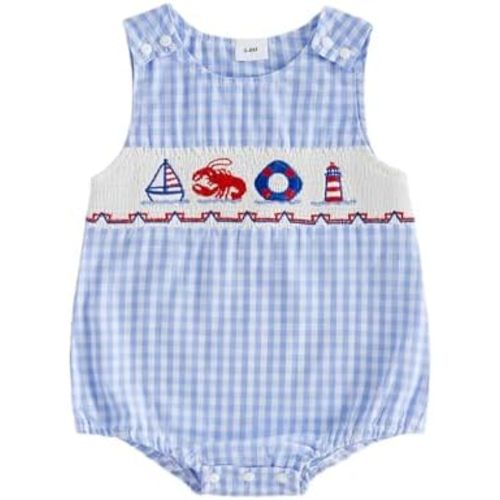 Baby Boy Summer Clothes Newborn Beach Outfit Ocean Animals Smocked Bubble Romper Sea Life Overall Bodysuit