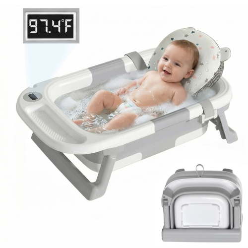 Oioane Collapsible Baby Bathtub with Thermometer & Soft Cushion, Portable Infant Bath Tub for Newborn to Toddler, Gray