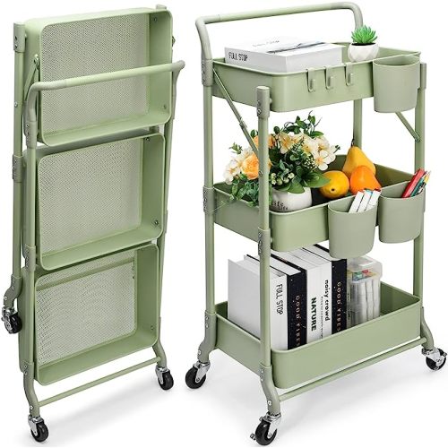 Foldable 3 Tier Rolling Cart, Metal Utility Cart, Folding Mobile Multi-Function Storage Trolley Organizer Cart for Home Library Office(Green)