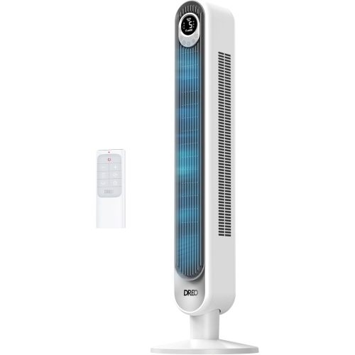 White DREO Tower Fan for Bedroom, 28 ft/s, 20dB Quiet Oscillating Bladeless Fan with Remote, 9 Speeds, 4 Modes, 12H Timer, LED Display, Standing Floor Fan Powerful for Indoor Home Office Room, 42 Inch
