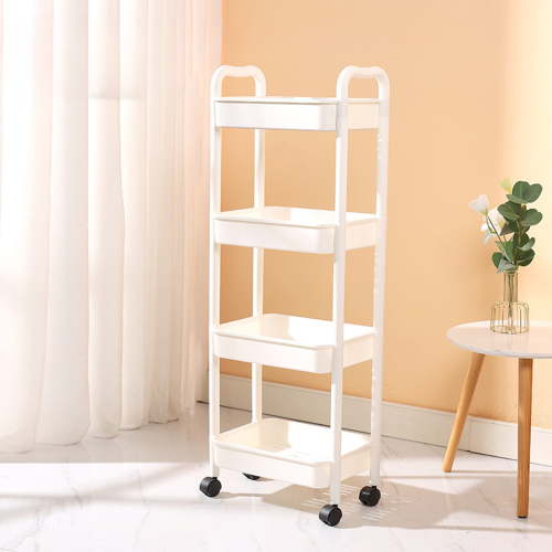 Utility Slim Storage Cart, 4-Tier Narrow Bathroom Organizer and Storage Cart, Metal Narrow Kitchen Laundry Room Organization Rack with Wood Top, Slim Rolling Shelf with Wheels for Small Space