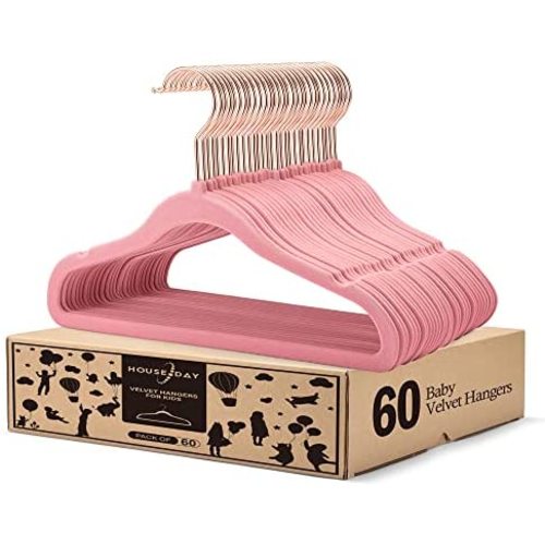 HOUSE DAY Premium Baby Velvet Hangers 60 Pack, Space Saving Ultra Thin Non Slip Baby Hangers with Rose Gold Hooks, Strong Durable Infant/Toddler Hangers for Baby Clothes Closet （Sakura Pink）