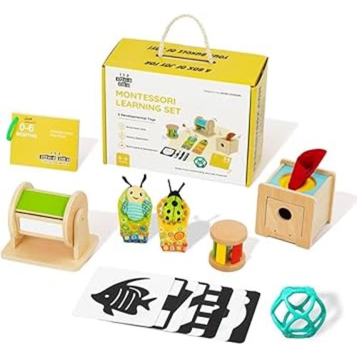 Montessori Toys for Babies 0-6 Months - 6-in-1 Educational Sensory Development Kit with Rolling Bell, Magic Tissue Box, Spinning Drum & More