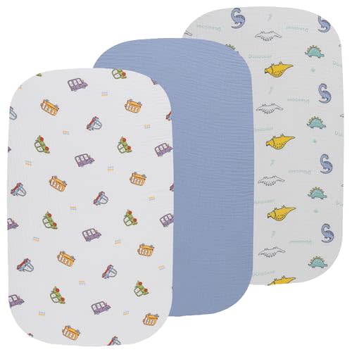 Onacosht Muslin Bassinet Sheets 3 Pack, 35"x20", Dinosaur Car and Blue | Compatible with AMKE 3-in-1, MiClassic, Uiuwoo, Foalom, YADAQE, Milliard & TCBunny Bassinets, baby boy, 100% cotton