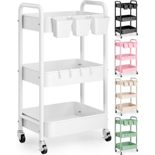 3 Tier Rolling Cart Metal with Wheels, White Three Tiered Carts on Wheels