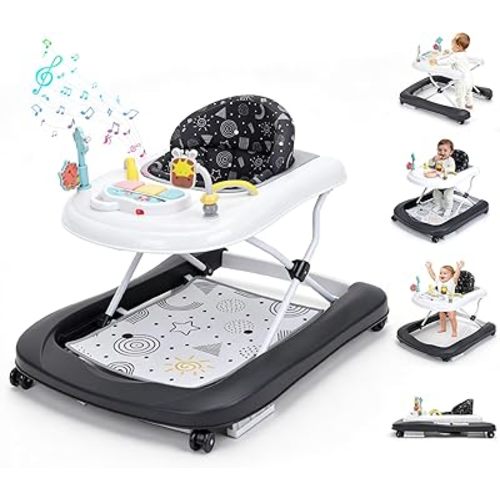 Baby Walker with Wheels, 5-in-1 Foldable Push Walker for Girls, Black