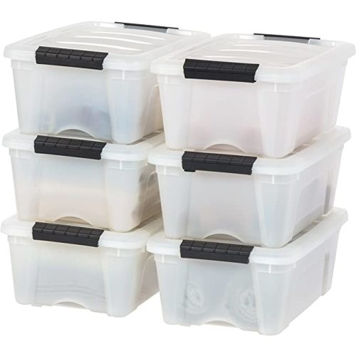 IRIS USA 13 Qt Stackable Plastic Storage Bins with Lids, 6 Pack - BPA-Free, Made in USA - Discreet Organizing Solution, Latches, Durable Nestable Containers, Secure Pull Handle - Pearl