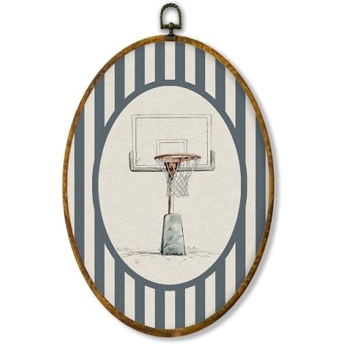 Hiuwevt Basketball Sports Nursery Oval Wall Art Decor, Sports Framed Canvas Prints, Basketball Hoop Oval Wall Hanging Decor for Kids Boy Nursery Room Bedroom Playroom Decorations, 8.6x11.4 Inches