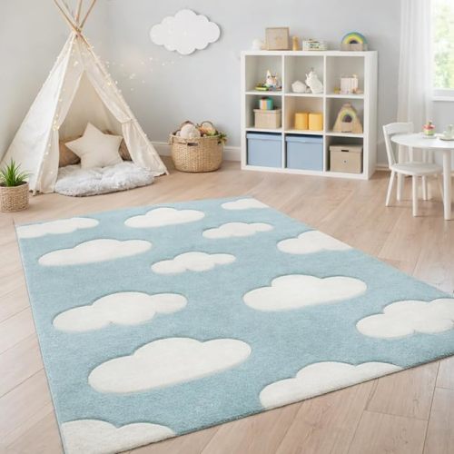 Paco Home Modern Kids Rug with Clouds in Blue Pastel for Nursery, Size: 4' x 5'7"