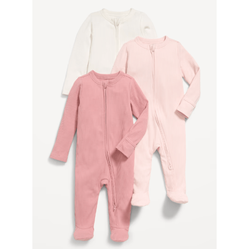 Ribbed 2-Way-Zip Sleep & Play Footed One-Piece 3-Pack for Baby - Pink Combo