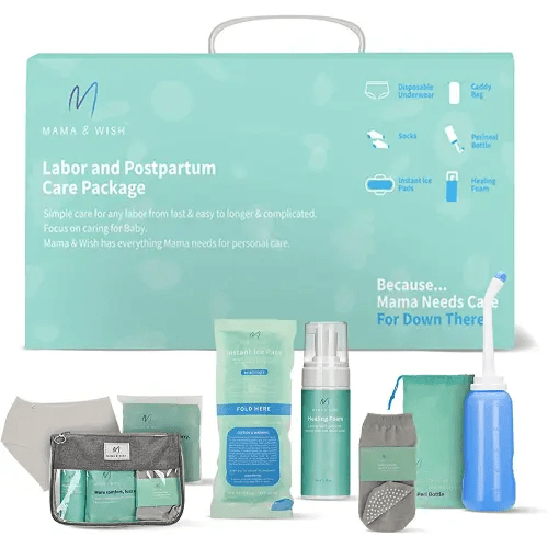 Mama & Wish® Postpartum Essentials Kit – Labor and Delivery Essentials for Moms After Birth – Postpartum Recovery Kit Includes Peri Bottle, Witch Hazel, Comfy Garments & More