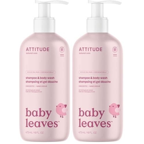 ATTITUDE 2-in-1 Shampoo & Body Wash for Baby, Fragrance-Free EWG Hypoallergenic Plant- & Mineral-Based Ingredients, Vegan and Cruelty-Free, Unscented, 16 Fl Oz, (Pack of 2)