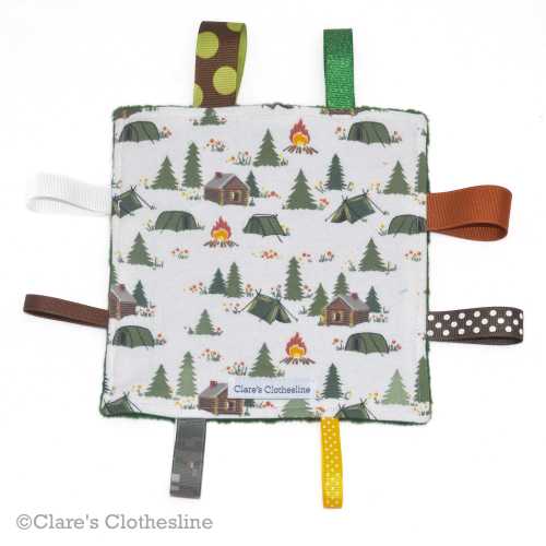 Camping Crinkle Toy: Green & Brown Forest, Sensory Square with Ribbon Tags