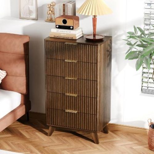 VINGLI Fluted Tall Dresser 5 Drawer, 23.66" W Chest of Drawers, Walnut Wood Dresser for Bedroom Mid Century Modern