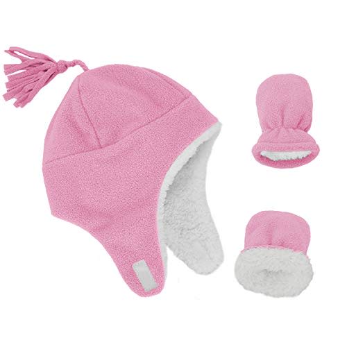 Zando Baby Winter Hat and Mitten Set Size 3M-7Y - Cute Fleece Sherpa Lined Warm Beanie for Toddler Kids Newborn Boys Girls