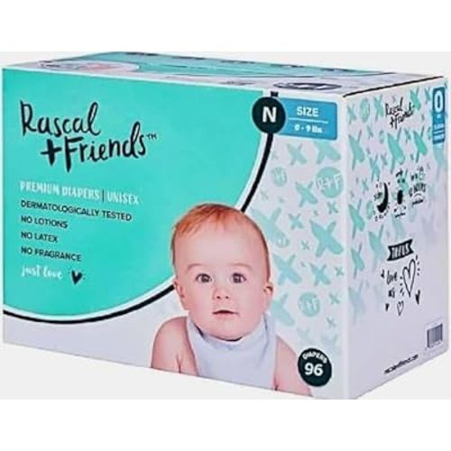 Rascal + Friends New~Born Premium Diapers, 96 Count, 1 Pack (Packaging May Vary)