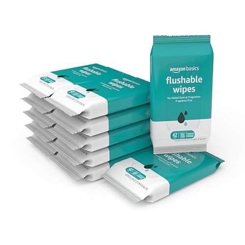 Amazon Basics Flushable Adult Toilet Wipes, Fragrance Free, 504 Count (12 Packs of 42)