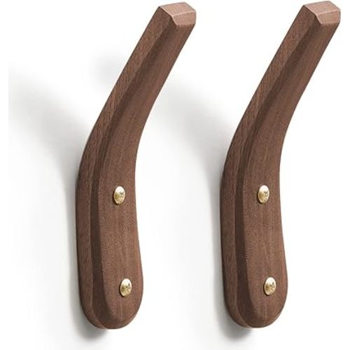 2Pack Wood Hooks Wall Mounted, Minimalist Easy Install Natural Real Walnut Cute Mid Century Modern Simple Rustic Boho Home Foyer Entryway Decor, for Hanging Hat Cap Bag Coat Towel Clothes