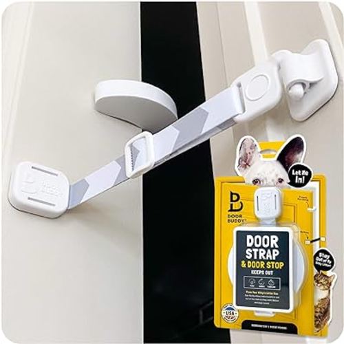 Door Buddy Cat Door Latch & Stopper. Adjustable Dog Proof Door Strap for Cats. Dog Proof Litter Box & Cat Feeder. Simpler Pet Gate Alternative. No Cut Cat Door Interior Door.