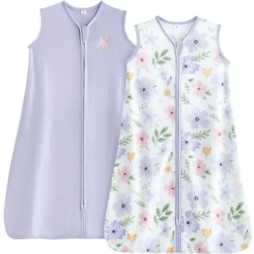 TILLYOU 2 Pack Baby Sleep Sack 6-12 Months 100% Cotton Wearable Blanket 0.5 TOG Sleeveless Summer Sleep Sacks with 2-Way Zipper, Brilliant Little Flowers and Purple