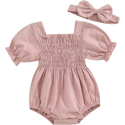 ZAXARRA Infant Baby Girl Plaid Romper Baby Pleated Romper Ruffle Festival Bodysuit Spring Summer Clothes with Headband