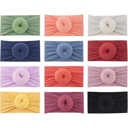 Lawie 12 PACK Elastic Stretchy Super Soft Donut Top Knot Wide Nylon Headbands Hairband Turban Headwraps Hair Bows Accessories for Kids Toddler Infant Newborn Baby Girl Bulk
