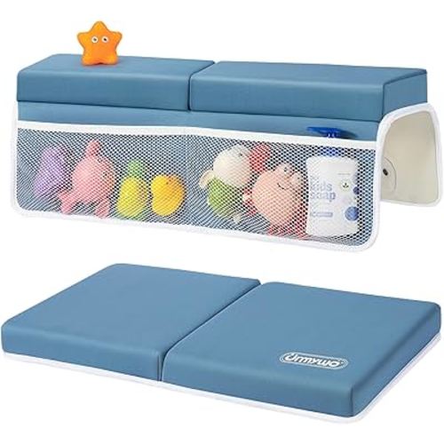 URMYWO Bath Kneeler and Elbow Rest Pad Set - 1.5" Thick Baby Bath Kneeler Pads with Toys Organizer, Anti-Slip Cozy Knee & Arm Support Bathtub Mat, Quick Dry Kneeling Pad for Baby Bath Time