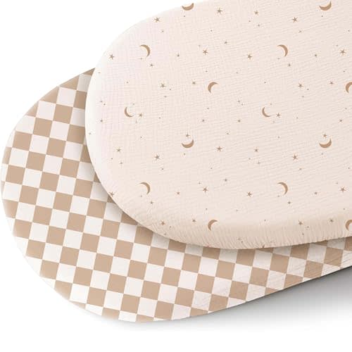 Konssy 2 Pack Muslin Bassinet Sheets for Baby Boy, 100% Cotton Soft Breathable Bassinet Mattress Sheets Fit for Hourglass Oval Cradle Rectangle Mattress (Coffee Check,Moon)
