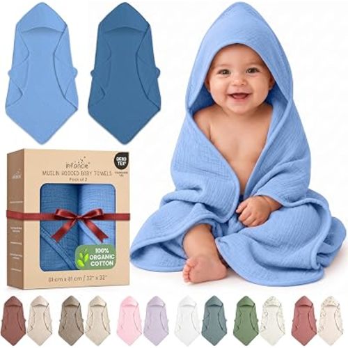 100% Organic Cotton 2 PK Muslin Baby Hooded Bath Towel 32x32 in