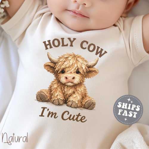 Holy Cow I’m Cute Baby ONESIE®: Highland Cow Baby Outfit Funny Farm Baby Clothes Western Baby Bodysuit Neutral Baby Shower Gift