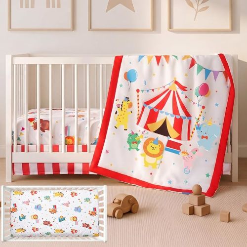Tiamon 3 Pcs Baby Crib Bedding Set Circus Animals Bedding Set Includes Quilt, Fitted Sheet, Skirt for Boys Girls New Parents Baby Shower Toddlers Gifts Nursery Decor