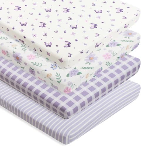 4 Pack Butterfly Baby Crib Sheets for Baby Girls Purple Crib Fitted Sheets for Standard Size Crib and Toddler Mattress Soft and Breathable (Pack N Play)