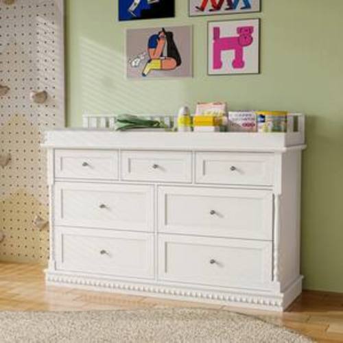 White Wood Changing Table with 7-Drawers, Guardrail Top, Anti-Tip Safety Feature