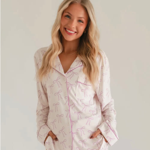Women's Button Up Set In Purple Bows