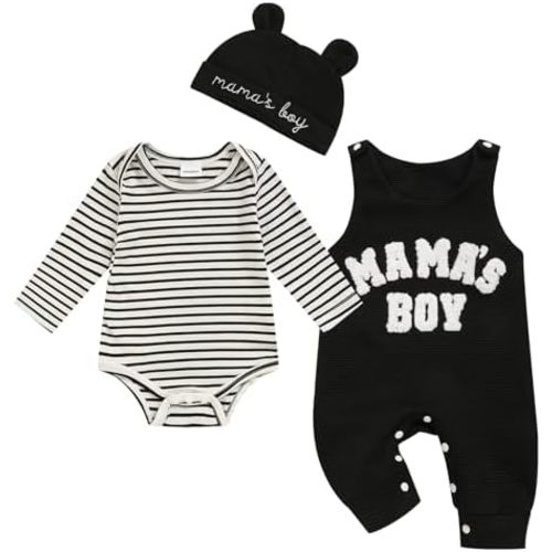 Viworld Newborn Baby Boy Clothes Mama's Boy Overalls Striped Long Sleeve Romper Hat 3Pcs Fall Winter Outfits