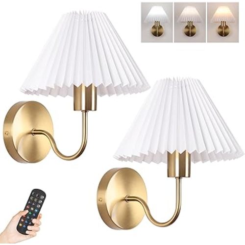 Rechargeable Battery Operated Wall Sconces Set of 2 Brushed Brass Wall Lights with Remote Dimmable Pleated Shades Wall Lamp 15 Colors Wireless Bathroom Vanity Light for Bedroom Living Room Hallway