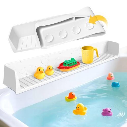 Splash Guard for Bathtub Kids - Silicone Bathtub Splash Guard with 11 Suction Cups, Bath Tub Play Shelf for Kids & Toy Holder, Prevent Water Spill in Bathroom, Fun Bath Time for Toddlers Baby, White