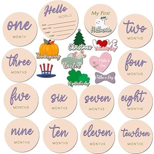 Monthly Baby Milestone Maker Discs, Baby Milestone Signs for Newborn Baby, Hello World Newborn Sign for Girl & Boy, Baby Announcement Sign for 1-12 Month, Milestone Wooden Circles (Purple)