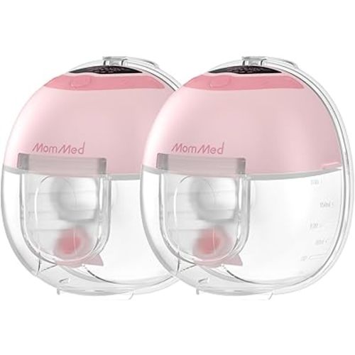 MomMed S33 Wearable Breast Pump, Ultra-Quiet in-Bra Pump for Work & Night, One-Tap Pause, Night Light, Leakproof, 4 Modes 9 Levels, 17/19/21mm Inserts (Pink, Double Standard Set)