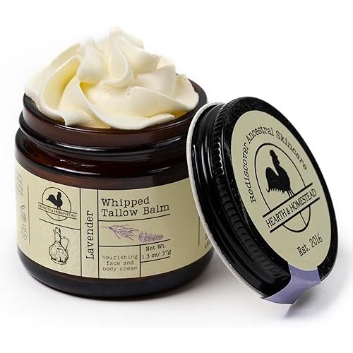 Handmade Whipped Tallow Balm, Organic, Moisturizer, Body Butter with Infused Olive Oil, for Eczema, Rosacea, Baby (Lavender)