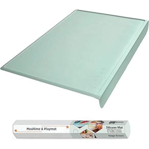 Silicone Placemats for Toddlers & Kids with Angle-Protective Safety Edge – Baby Placemats for Restaurants & Dining Table – Non-Slip & BPA-Free Food Mat – 1.5mm Thick, 18"x12", Sage Green