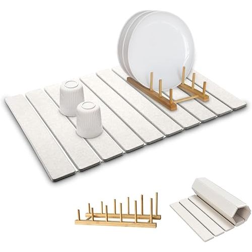 Large Stone Dish Drying Mat for Kitchen Counter,Equipped Dish Rack, Diatomaceous Earth Material, Foldable and Super Absorbent Dish Drying Pad Suitable for Tableware, Bottles and Cup (White, 24×16 IN)