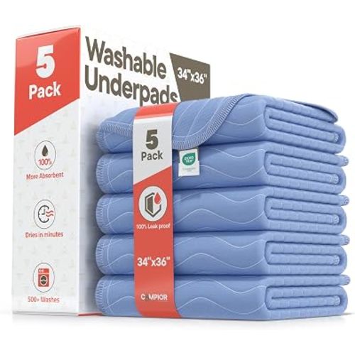 Washable Underpads Large 34"x36" (Pack of 5) – Reusable Waterproof Bed Pads for Adults & Seniors, Extra Heavy Absorbency Incontinence & Bedwetting Pads, Soft, Blue.
