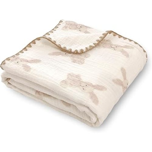 Double Layered 100% Cotton Muslin Baby Blanket Ultra-Soft 40x40 Inch Swaddling Nursery Crib Blanket(Bunny)