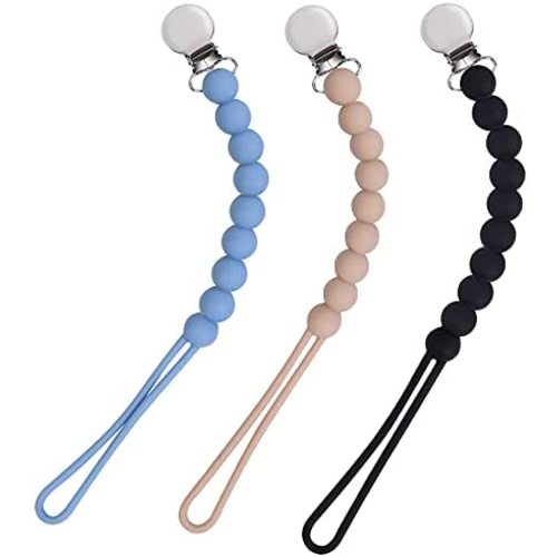 Viyuse Pacifier Clip, One-Piece Teething Silicone Beads Toy, BPA Free Teether Clips Soothers Binky Holder for Newborn Baby Girls and Boys Birthday Christmas Shower Gift (Black 3pack)