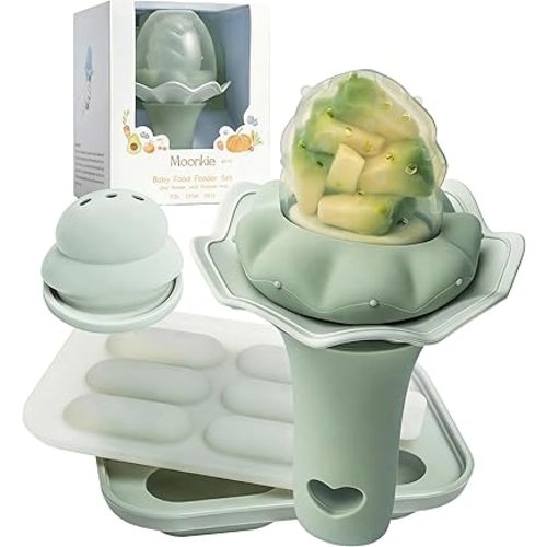 Moonkie Baby Fruit Feeder with Freezer Tray, BPA Free Silicone Food Feeder for Infant Self Feeding, Breastmilk Popsicle Molds, Mesh Feeder with Two Pouches, Baby Shower Gifts 4 Months+, 1 Pack
